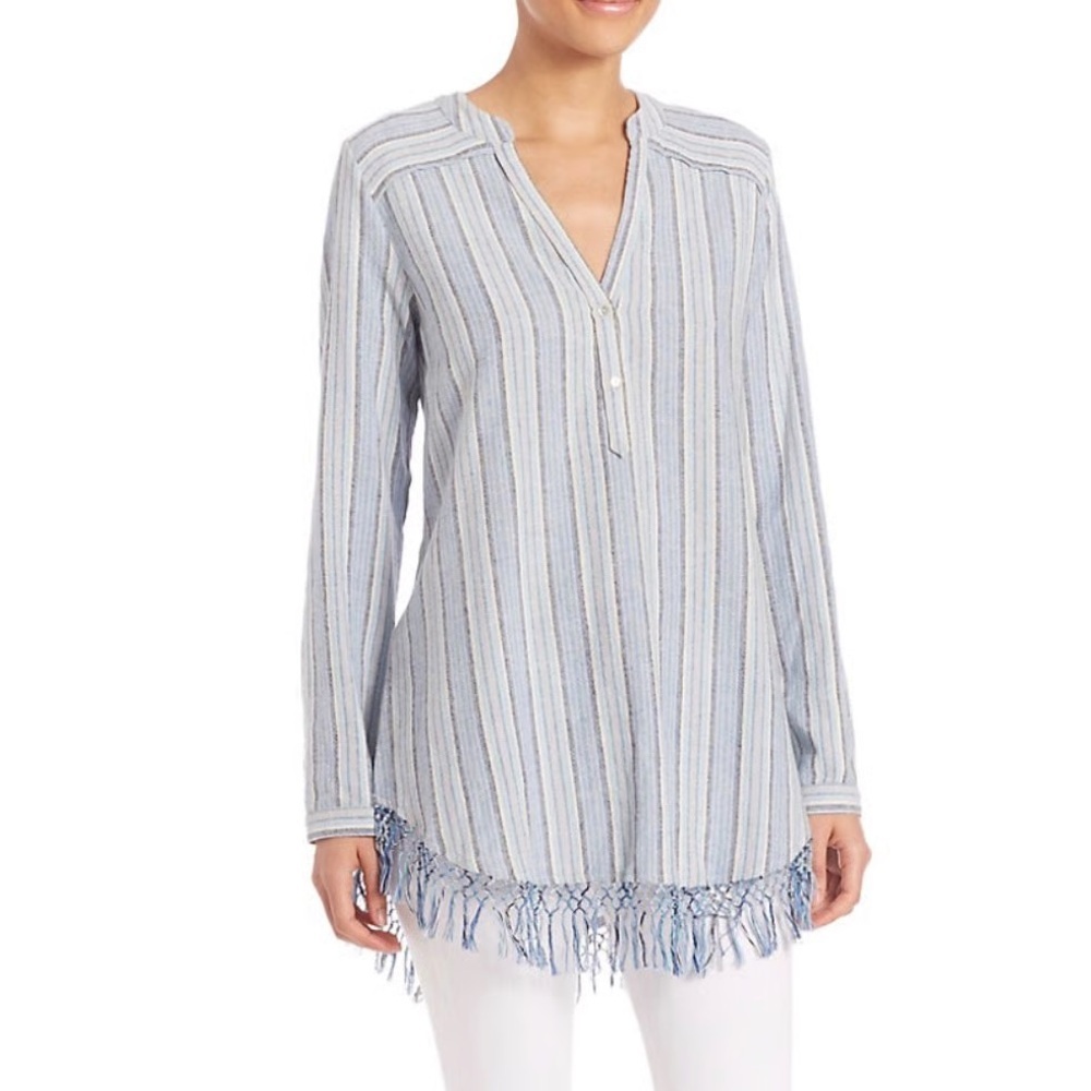 Calypso St. Barth Evsiba Coastal Blue and White Striped Fringe Tunic Size Small